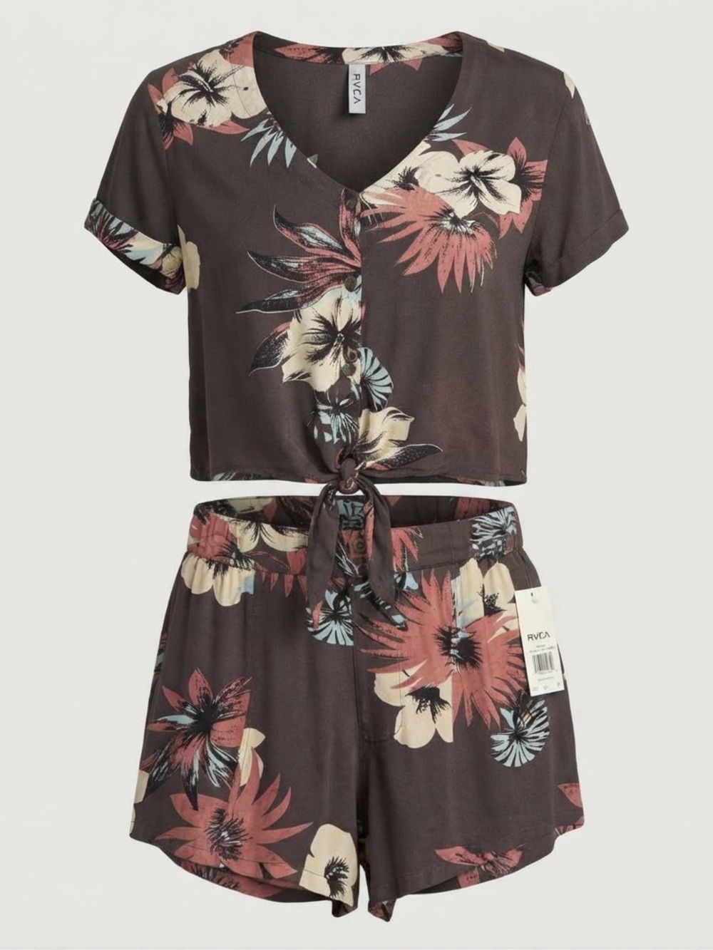 RVCA Brown Floral Tie-Front 2 Piece Set with Coral and Cream Flowers